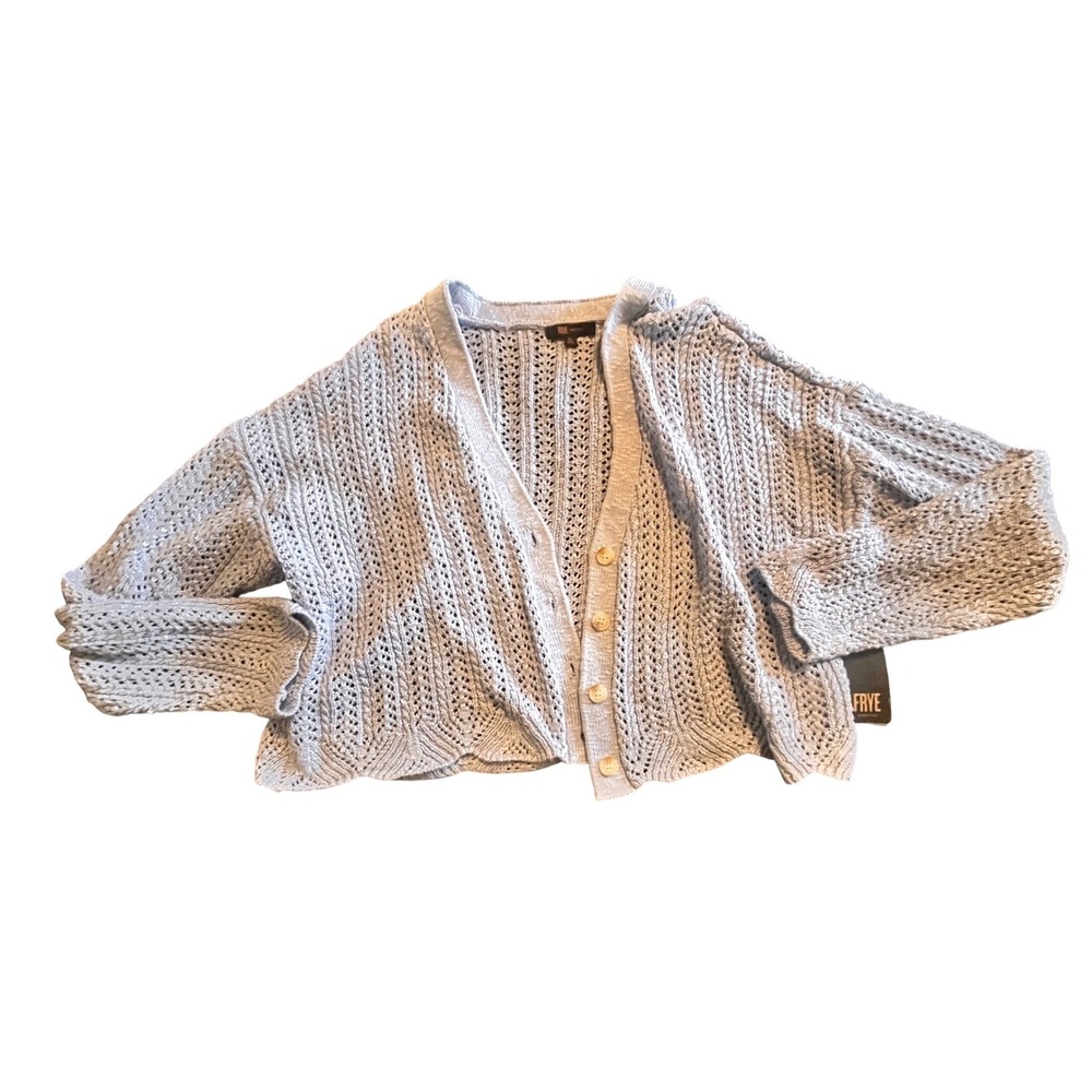 Frye Women Slate Blue Pointelle‎ Knit Scalloped Button Front Cardigan XL NEW